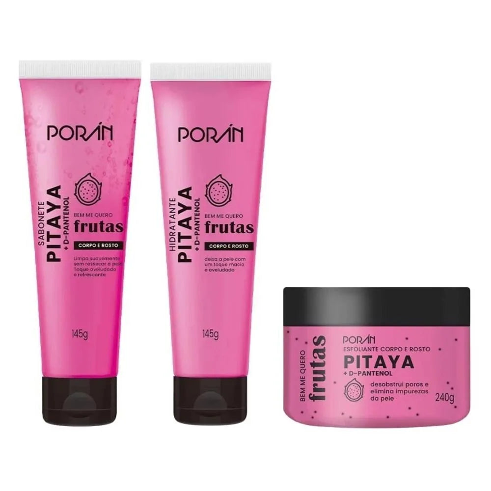Kit  Esfoliante, Hidratante e Sabonete Corpo e Rosto Pitaya Porán